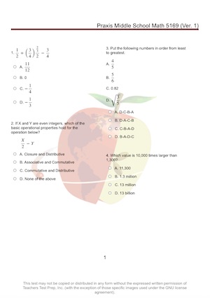 Praxis Praxis Middle School Math (5169) Practice Test